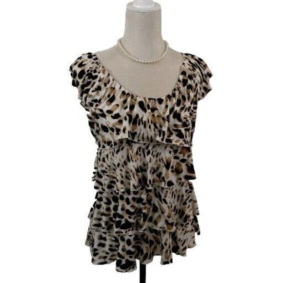 Milano Womens Small Top Leopard Print Pullover Sleeveless Stretchy Ruffle Animal - Picture 1 of 8